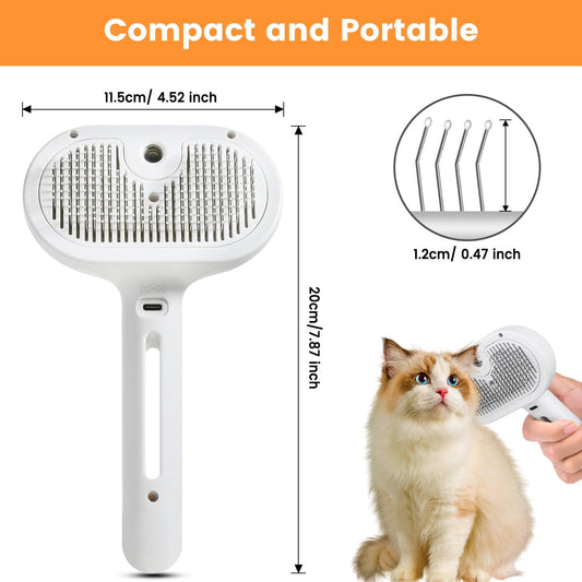 Pet spray grooming brush with hair release button