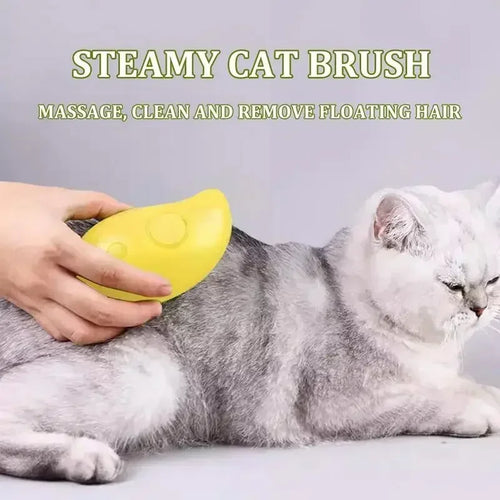 Steam grooming brush spraying mist while brushing