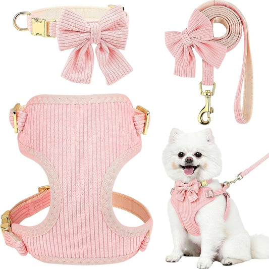 Cotton bowtie harness, collar and leash set for small dogs